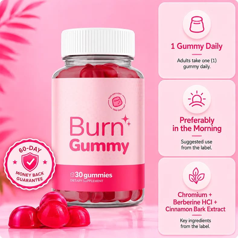 Burn Gummy bottle with usage highlights: one gummy daily, preferably in the morning