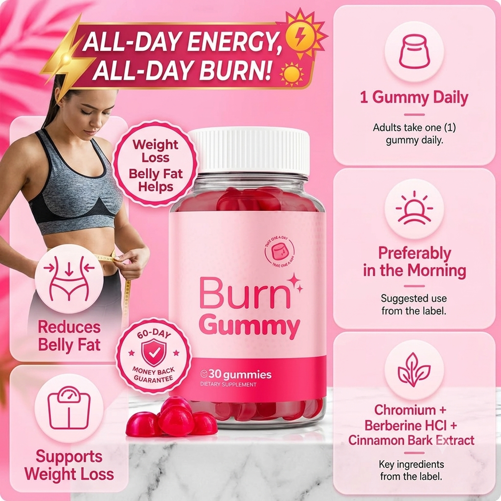Burn Gummy benefits overview: all-day energy, supports weight loss and reduces belly fat