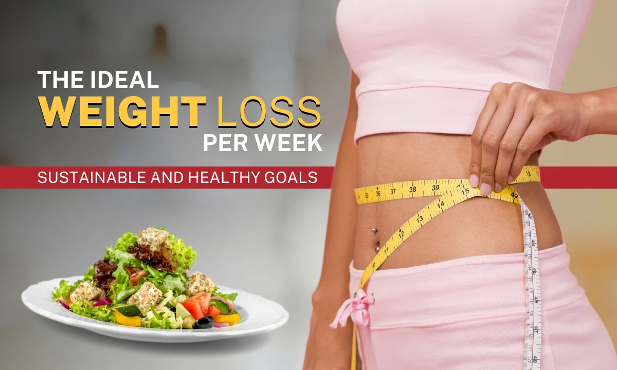 Balanced meal and waist measurement illustrating sustainable weekly weight-management goals